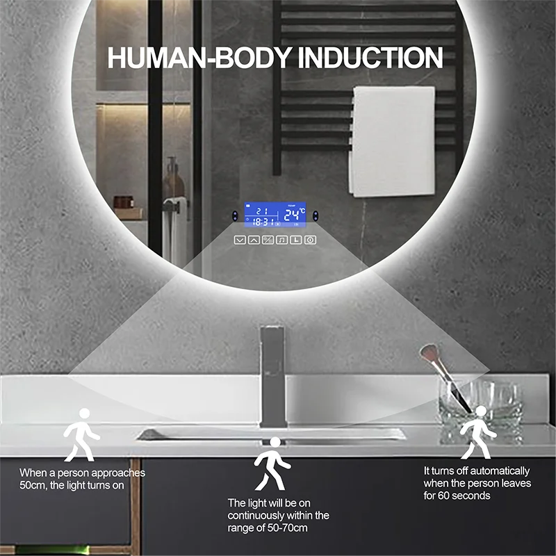 Imagem -05 - Espelho de Banheiro de Parede Redondo Inteligente Regulável Antiembaçante Bluetooth com Luz de Fundo e Iluminação de Fundo