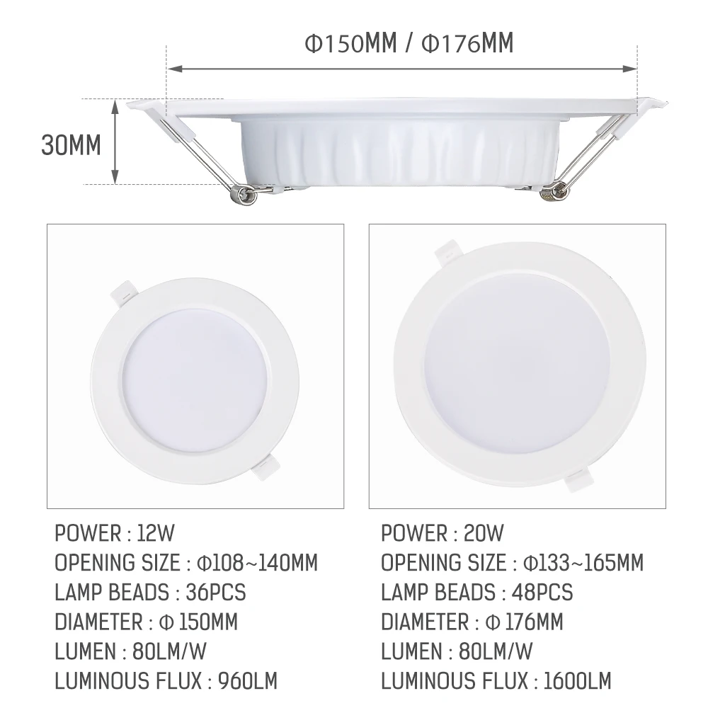 Ronud lâmpada de led de teto 4 polegadas/6 polegadas, para embutir no banheiro, cozinha, 12w 20w, lâmpada embutida, frete grátis