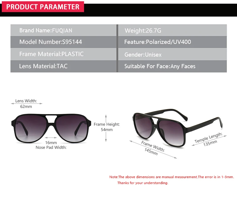 FUQIAN Retro Übergroße Sonnenbrille Männer Frauen Mode Pilot Polarisierte Sonnenbrille Für Unisex Vintage Gradienten Outdoor Brillen – Detail 7