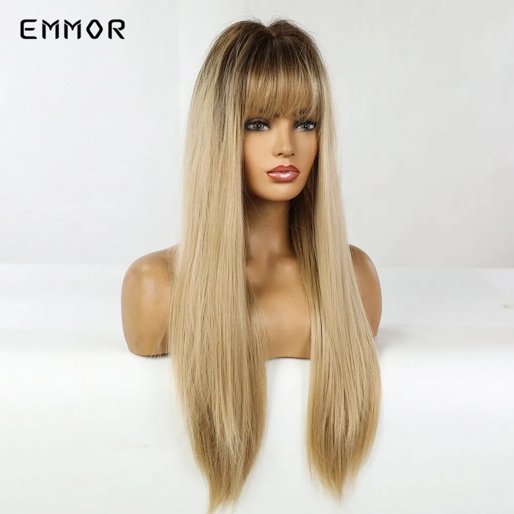 Emmor Synthetisch Zwart Wortel Ombre Light Golden Blond Steil Haar Pruiken Met Pony Hoge Temperatuur Cosplay Daily Pruik Voor Vrouwen