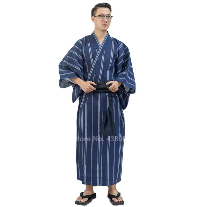 Asian Traditional Japanese Costumes Men New Year Kimono Jinbei Sleepwear Spa Sauna Thin Cotton Yukata Long Bath Robe Gown