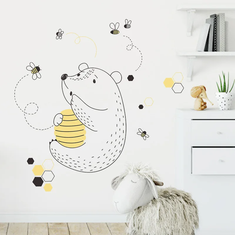 Cartoons Bear Eat Honey Wall Sticker For Kids Baby Rooms Home Decoration Removable Wallpaper Living Room Bedroom Mural Stickers