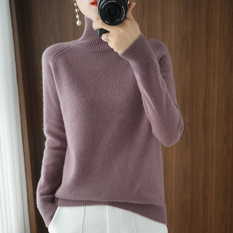 Women\'s Turtleneck Wool Sweater, Solid Color Knitted Jumper, Female Casual Basic Bottoming Pullover , Autumn Winter Tops