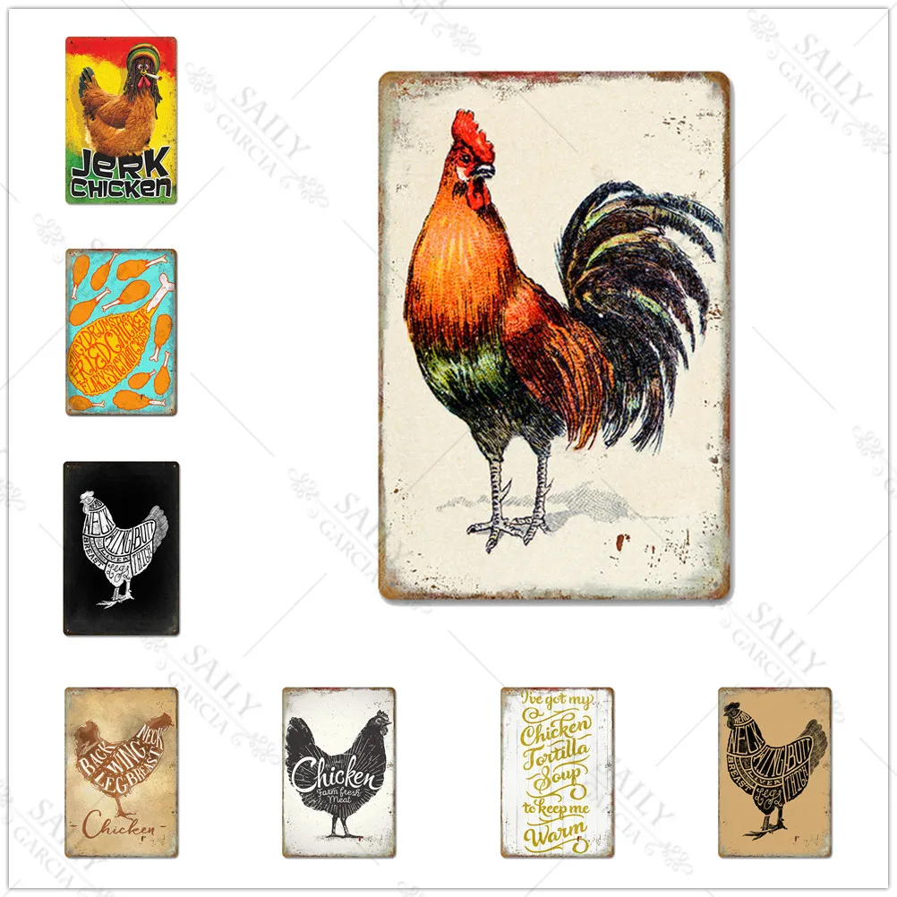 Chicken Animals Tin Sign Vintage Metal Poster Rooster Hens Metal Tin Signs Retro Metal Plates for Bar Pub Farm Home Wall Decor