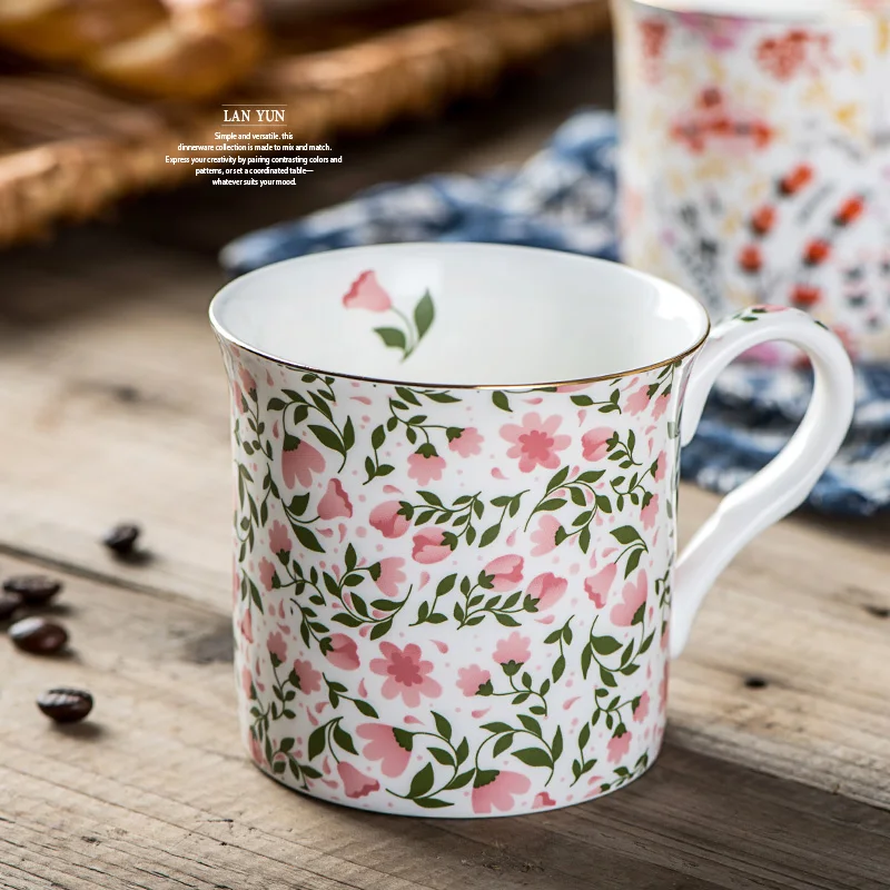 EECAMAIL Flower Pastoral Mug Gentle Fresh English Porcelain Cup Retro Gold-painted Coffee Cup Flower Tea Cup