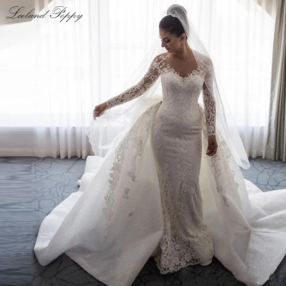 

Lceland Poppy Mermaid Wedding Dresses Vestido de Noiva Long Sleeves Beaded Lace Appliques Bridal Dress with Detachable Train