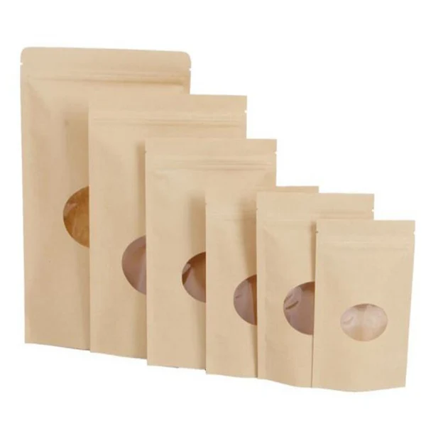 500pcs Zip Lock Standing Kraft Paper Bags with Round Window Kraft Pack Storage Dried Food Fruits Tea Electronic Product