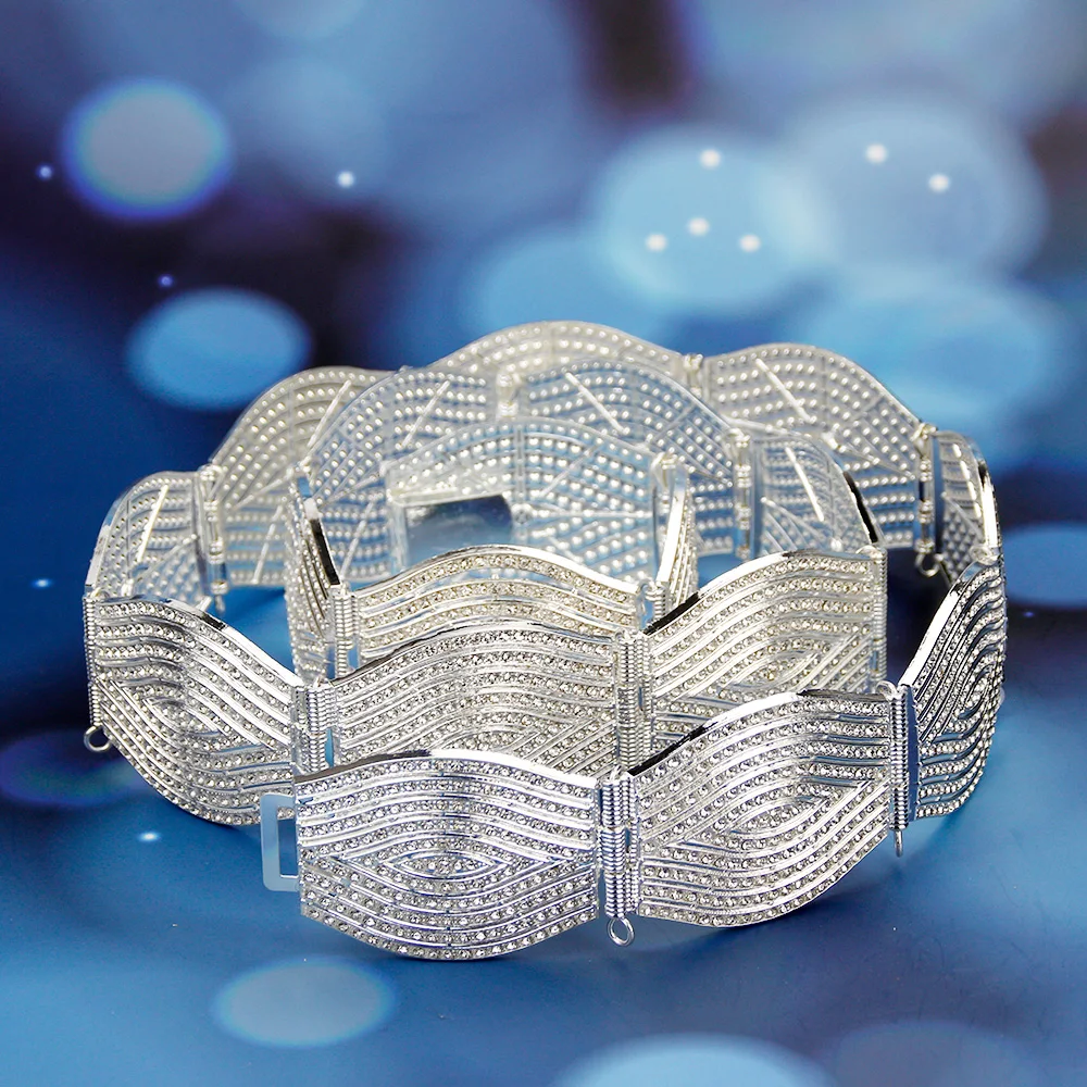 Sunspicems Chic Silver Color Algerian Kaftan Belt For Women Arabic Bride Wedding Jewelry Crystal Morocco Dress Waist Chain Belt