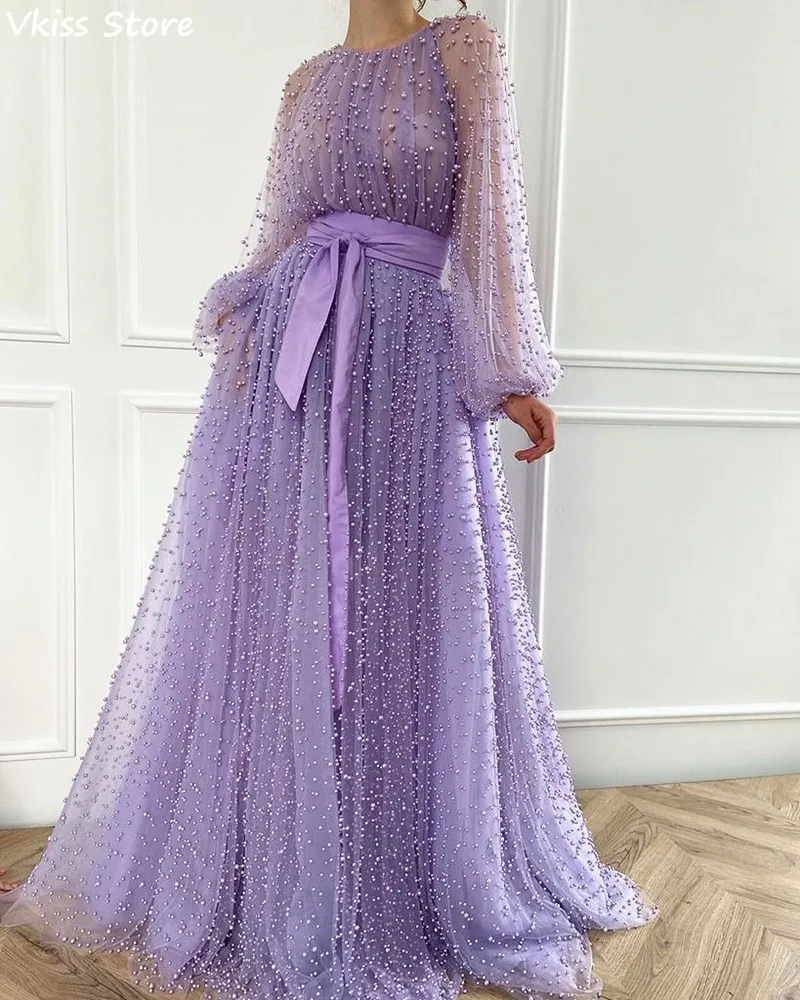 

Light Purple Evening Dress Tulle Beading illusion Long Fluffy Sleeves Simple Floor Length New Prom Dress вечернее платье 2020