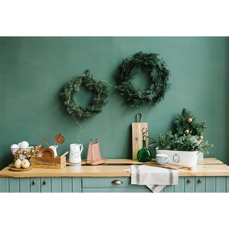 Fondo de árbol de Navidad para cocina, vajilla de campana con guirnalda, retrato familiar verde, fotografía, estudio fotográfico, decoración de Photozone