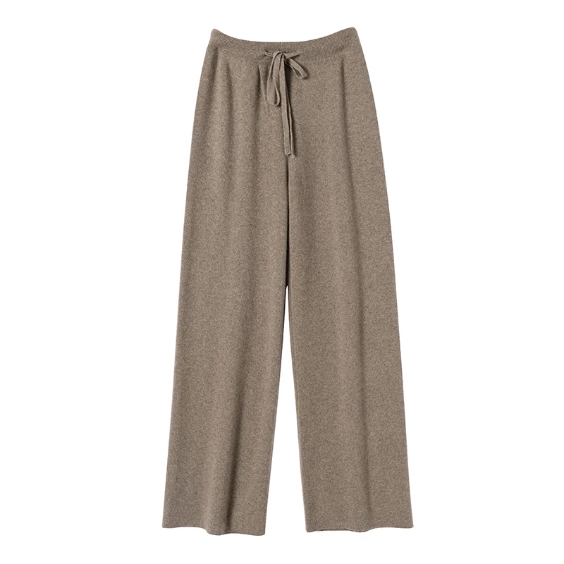 100% Cashmere Straight Wide Leg Pants Women Mid Elastic Waist 6 Colors Full Length Casual Simple Design New Fashion