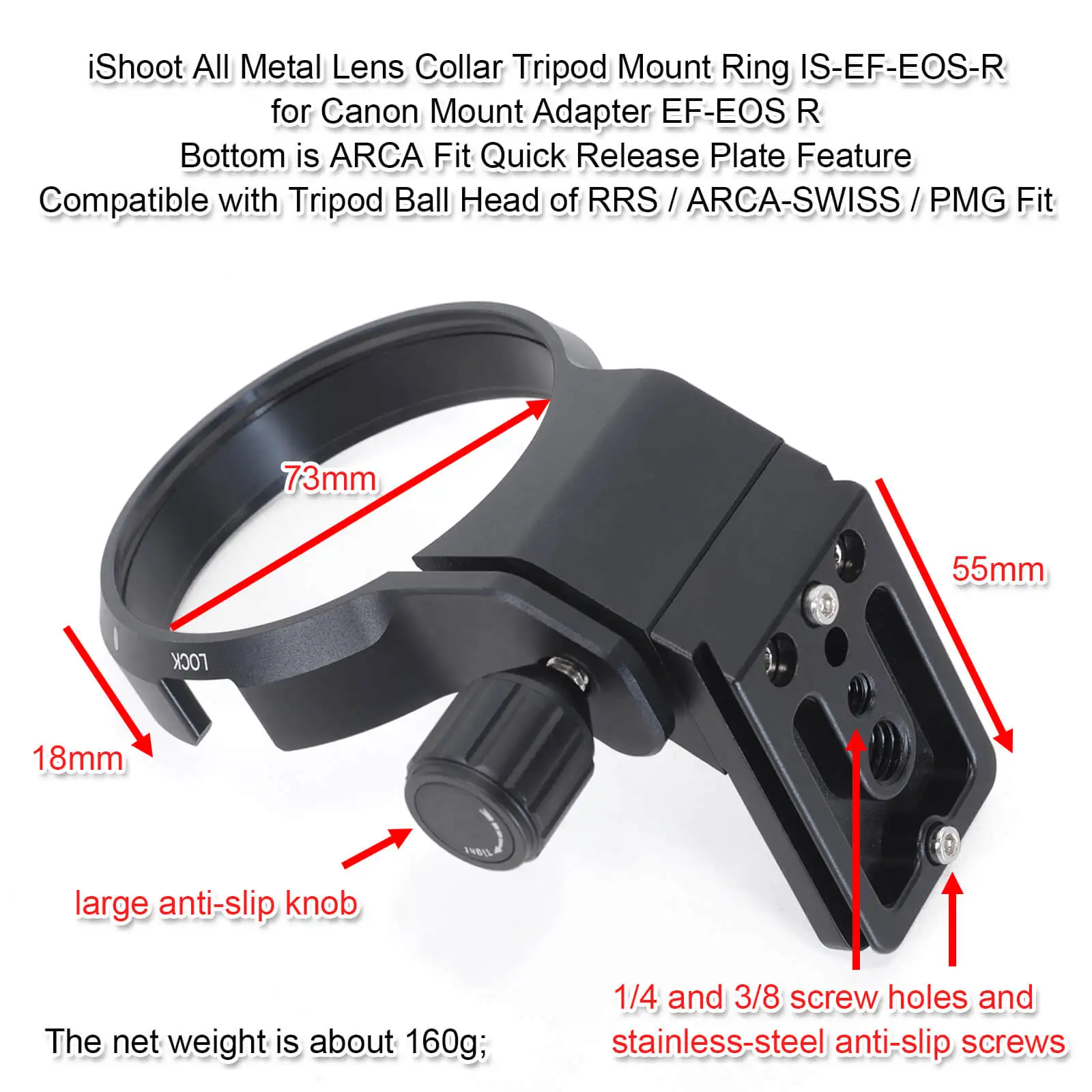 Metal 73mm Lens Support Collar Tripod Mount Ring with ARCA Type Quick Release Plate for Canon Mount Adapter EF-EOS R 2971C002