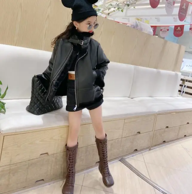 Baby girl Pu leather patchwork fur coats 2021 autumn winter new thicker outfit children leather outwear teenage jacket wz481