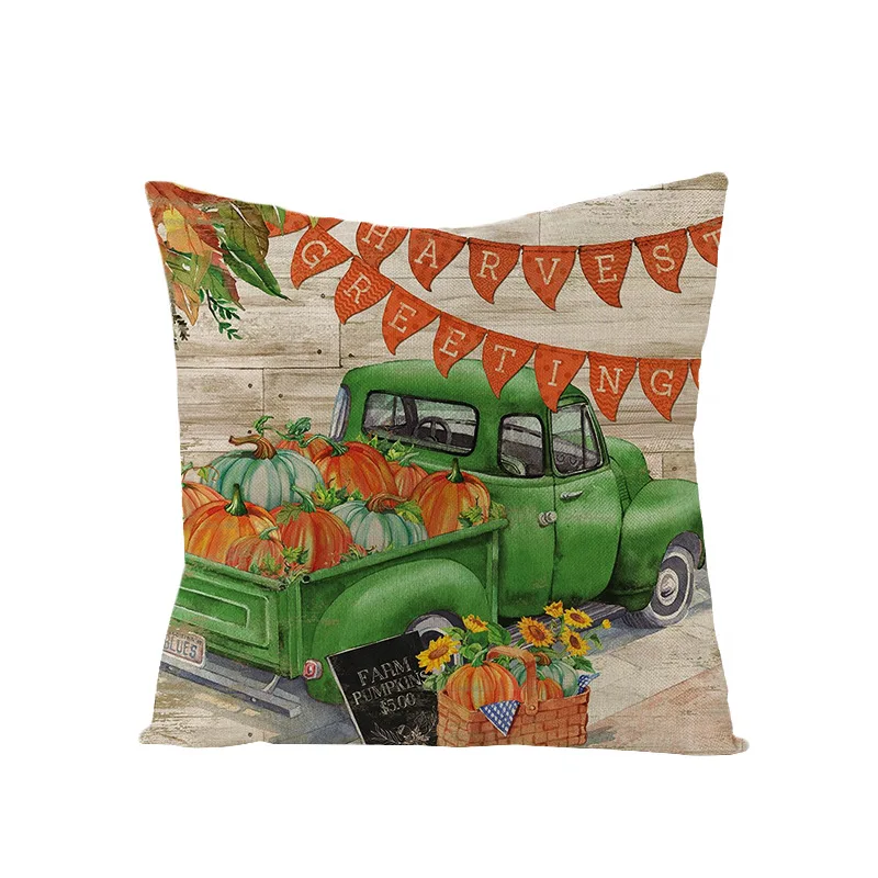 Autumn Throw Pillow Covers Thanksgiving Day Decorative Pumpkin Cushion Cover 18x18 Inches Fall Harvest Printed Linen Pillowcase