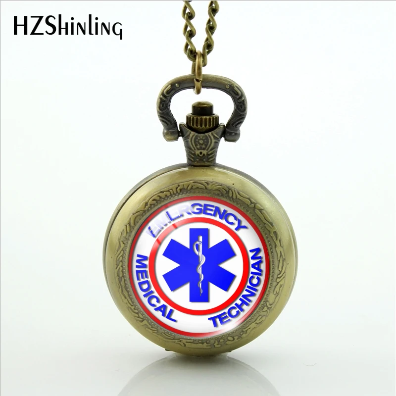 EMT Emergency Medical Vintage Bronze Color Pocket Watch Round Glass Cabochon Handcraft Necklace for Women Men