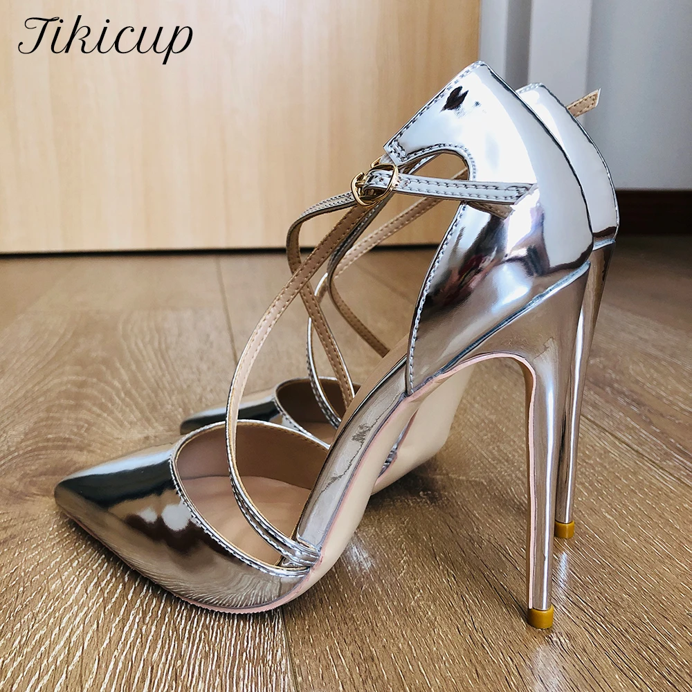 Tikicup Shiny Silver Women Cross Ankle Strap Stiletto Pumps Pointed Toe Sparkly Stiletto High Heels Wedding Bridal Shoes