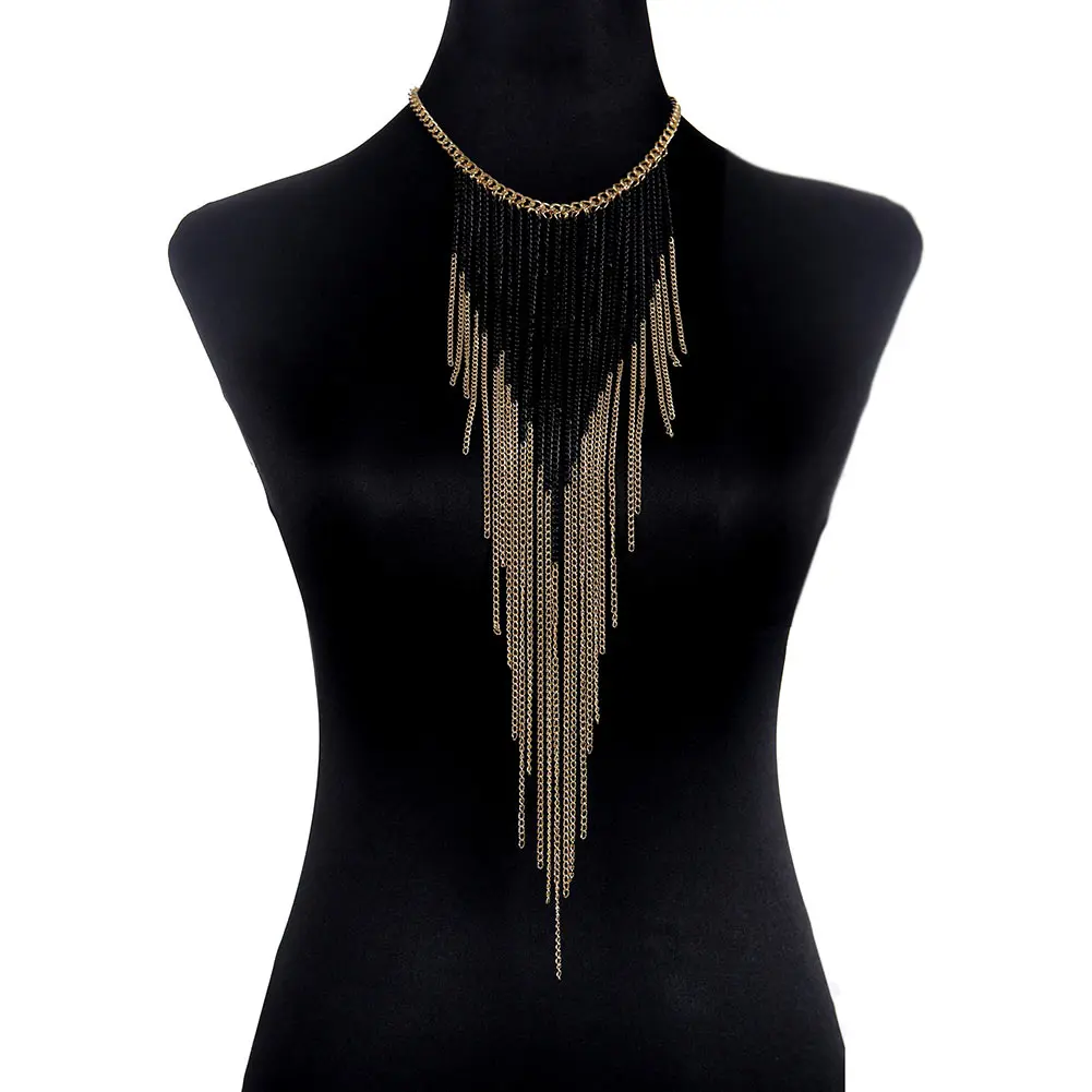 Luxury Fashion Sexy Body Belly Black Gold Color Tone Body Chain Bra Slave Harness Necklace Tassel Waist Jewelry Charms Necklace