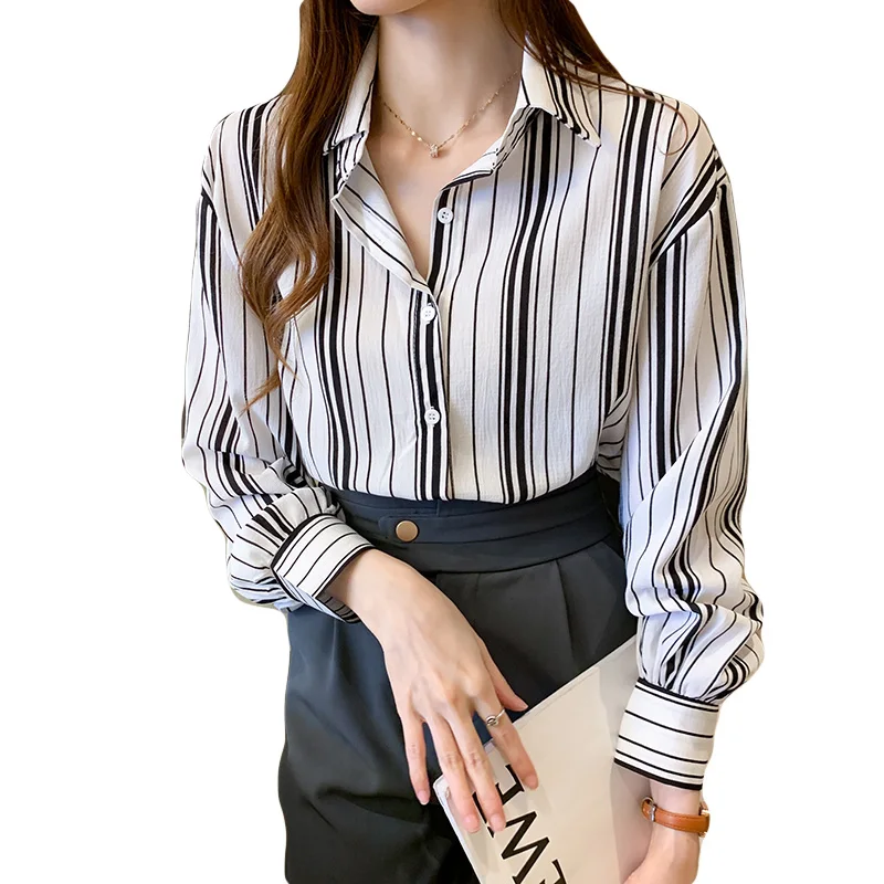 Blusa informal de manga larga a rayas para primavera y otoño, camisa holgada para mujer, para oficina, 2021