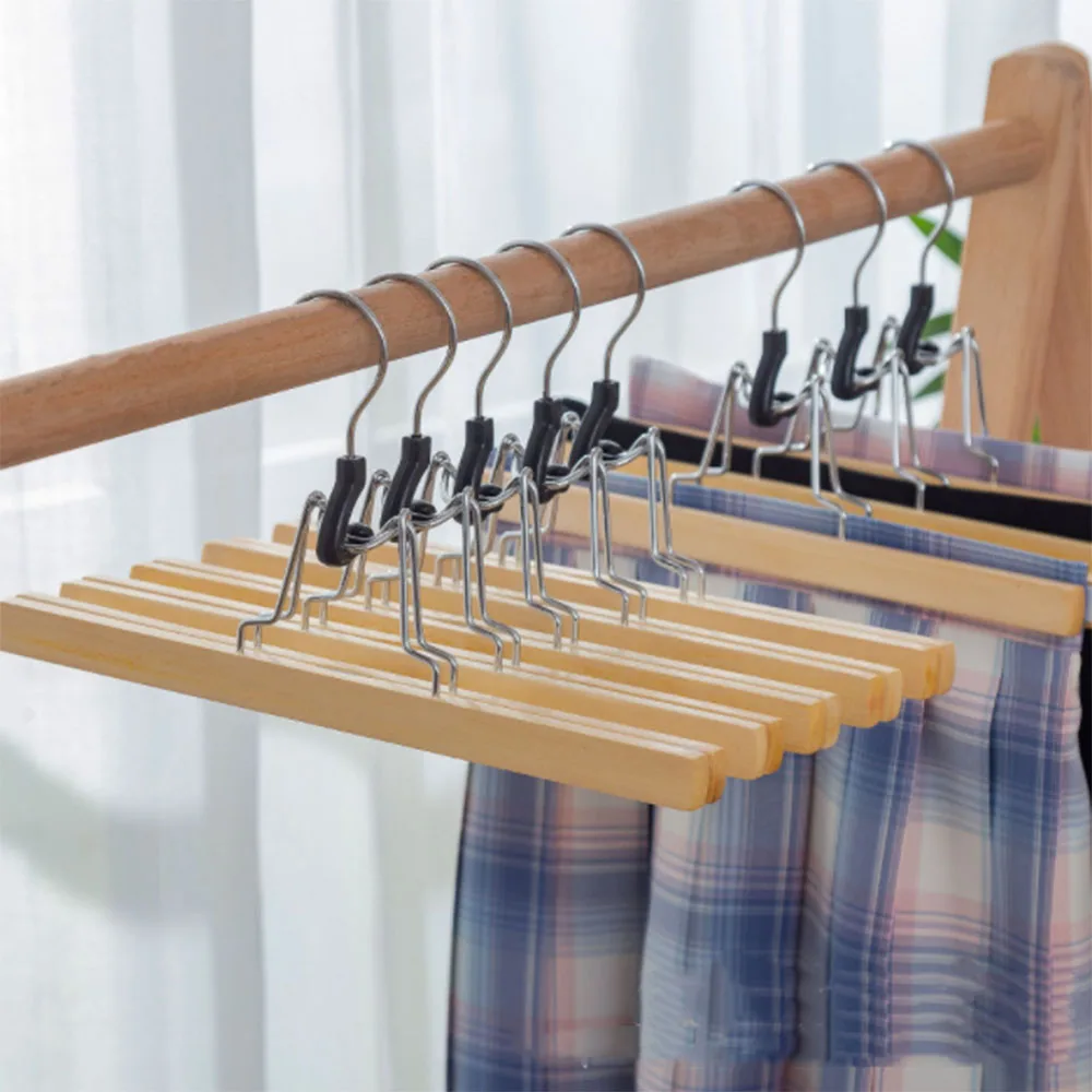 Wooden Pants Hangers with Clips Skirt Hangers Smooth Finish Solid Wood Jeans/Slack Hanger with 360° Swivel Hook