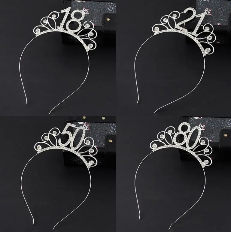 

Crystal Crown Rhinestone Princess Tiara Headband Birthday Party Decor Cake Topper Silver 16/18/21/30/40/50/60/80th 10pcs/lot