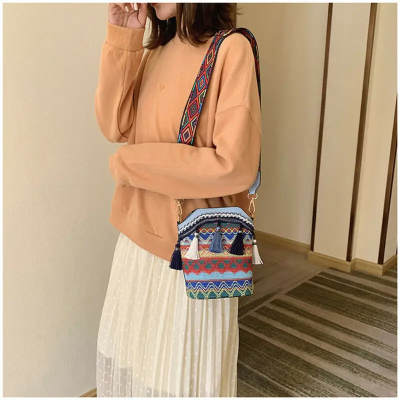 Vintage National Women\'s Bag Tassel Ethnic Handwoven Crossbody Bag Hippie Sling Shoulder Bags For Ladies Small Handbag 4 Colors