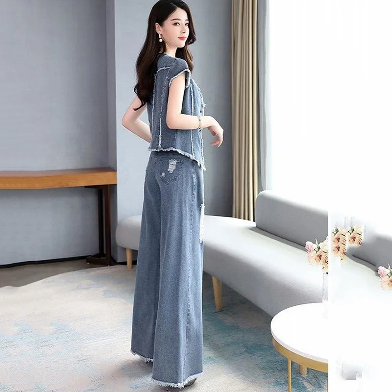 Women's High-Waist Denim Wide-Leg Pants + Denim Vest Two-Piece New Summer Suit Female Fashion Loose Suit Streetwear