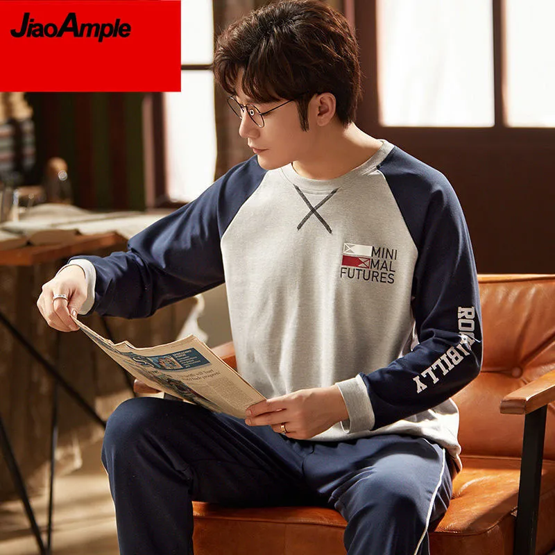 100% Double-sided Cotton Men's Pajamas Spring Autumn Sleepwear Two-piece Set 2021 New Loose Homewear Casual Pijamas Suit