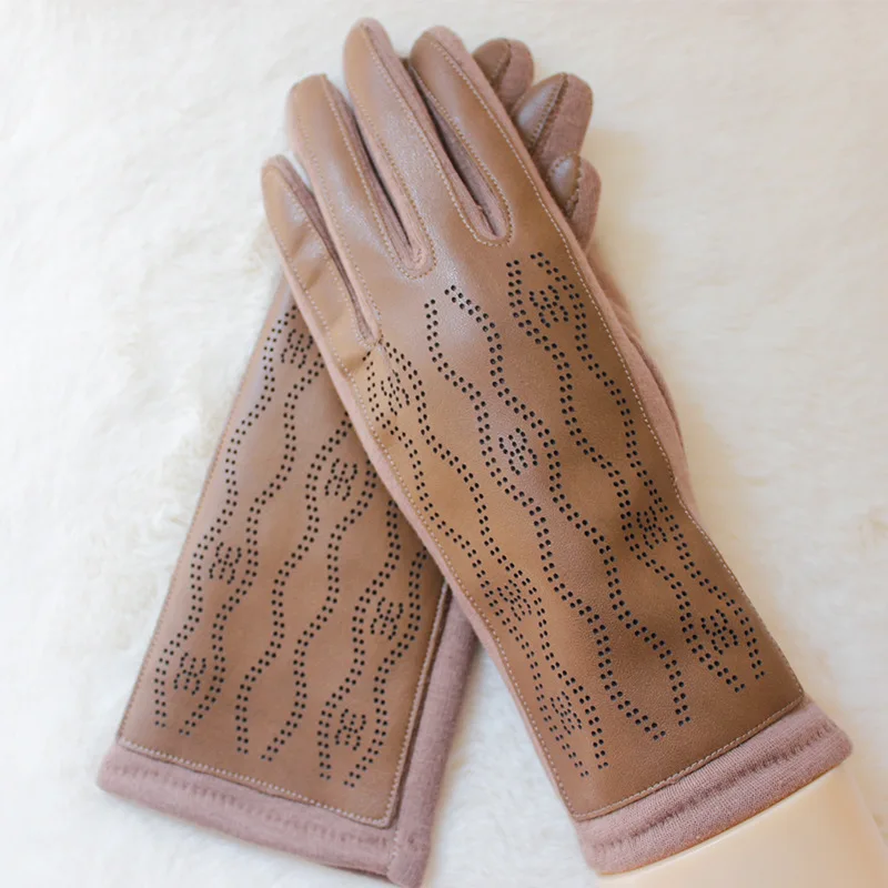 Women Winter Fashion Leather Fabric Keep Warm Gloves Personality Pattern Drive Windproof Thin Section Lattice Elegant Gloves