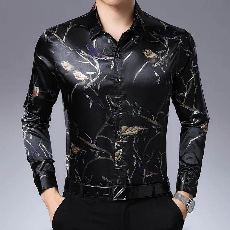 Long Spring Sleeve Shirt Men Single Breasted Print Casual Satin Shirts Business Square Collar Floral Tops Shirt Male Plus Size