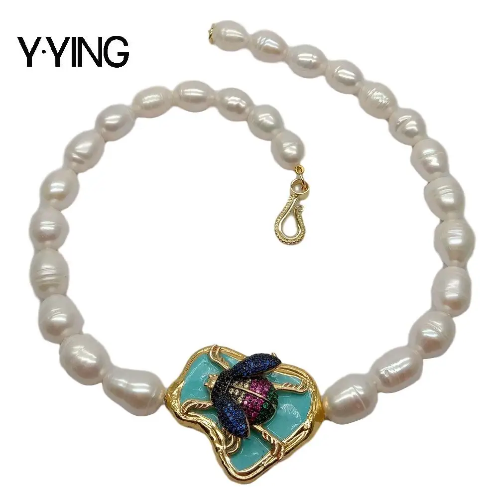 

Y·YING natural Cultured White Rice Pearl Blue howlite Insect Cz Pave choker Necklace 19'' ethnic style for women