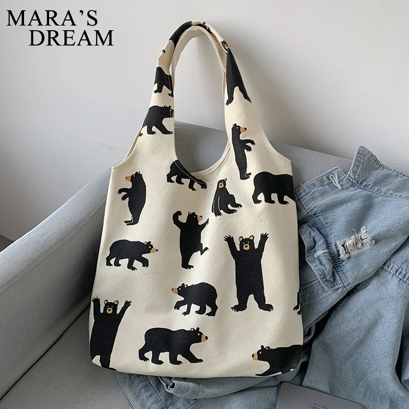 Mara\'s Dream Korea Ulzzang Big bear pattern Print Female Shopping Canvas Tote Casual Large-capacity Cartoon Women Shoulder Bags