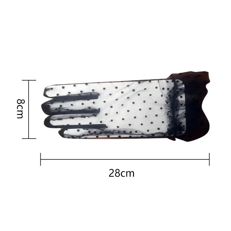 Women\'s Short Tulle Gloves Stretchy Lace Spots Lotus Leaf Sheers Flexible Full Finger Black Sexy Sunscreen Anti-UV Mittens