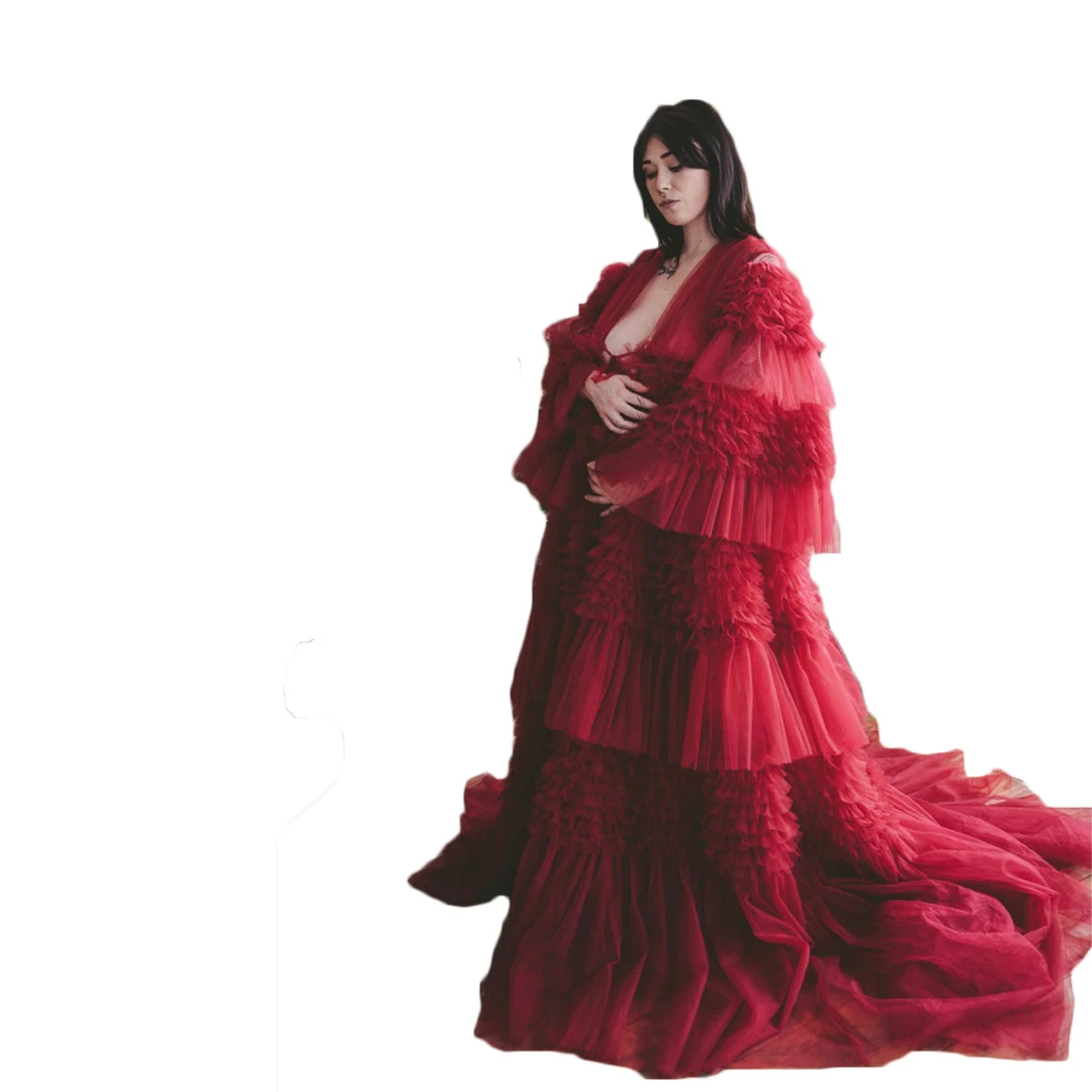 Pregnant Shawl Dresses Photo Robes Sexy Deep V Neck Long Sleeves Lace Tulle Gowns Custom Made Bathrobe Mesh Photo Shoot Gowns