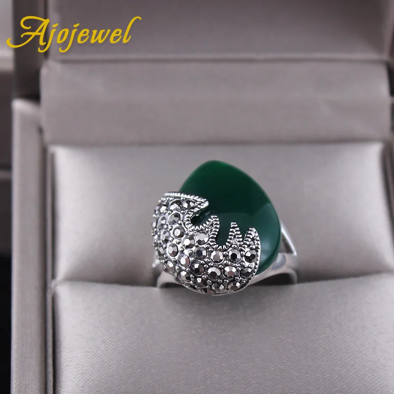 Ajojewel Vintage Black Rhinestone Women Ring Green Resin Stone Jewelry Anelli Donna