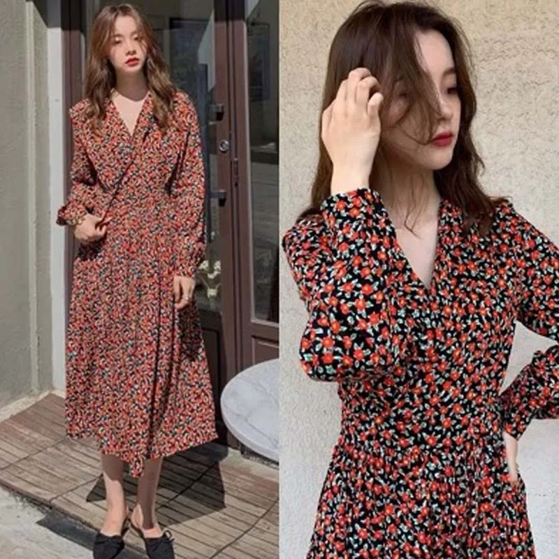 2022 Spring Autumn Women Dress Red Bohemian Ladies V-Neck Ladies Vestidos Print Long Sleeve Elegant Dress Plus Size 4XL Robe