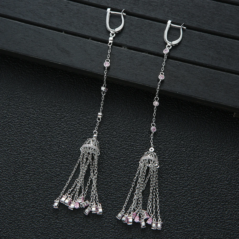 120MM Super Long Round Tassel Drops Geometry Cubic Zirconia American Wedding Party Earring Fashion Jewelry for Women E7496A