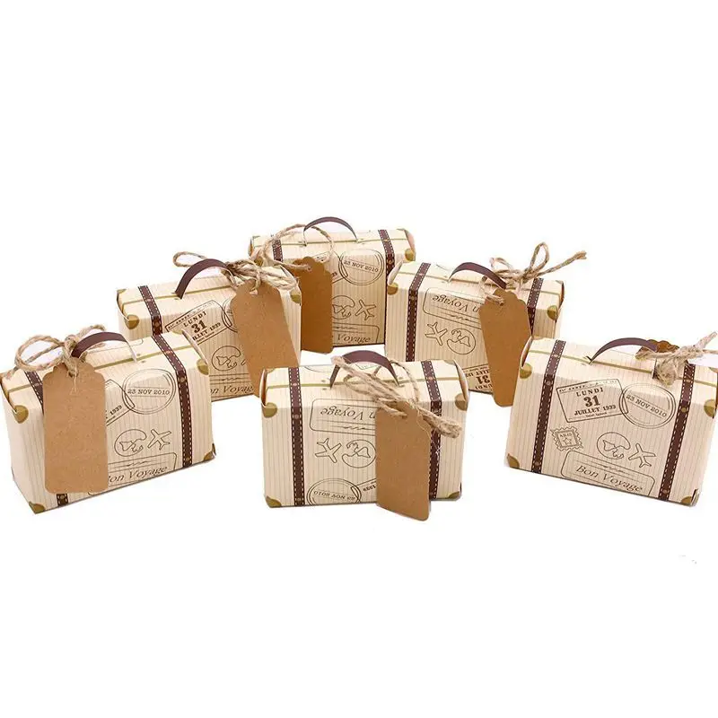 50pcs Mini Suitcase Favor Box Party Favor Candy Box, Vintage Kraft Paper with Tags and rope for Wedding/Travel Themed Party/Br