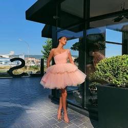 Pink Short Ball Gown Formal Dresses Elegant One Shoulder Layered Tulle Prom Gown Custom Fashion Evening Party Tulle Dresses