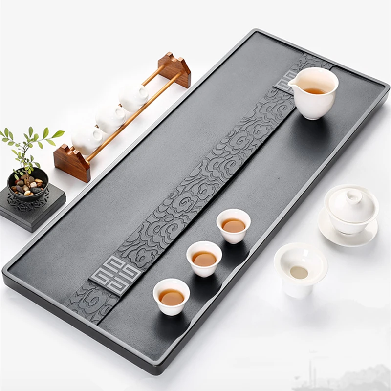 

weighted tea tray double line invisible water draining outlet black stone tea table for Chinese tea set multi size tea boat new