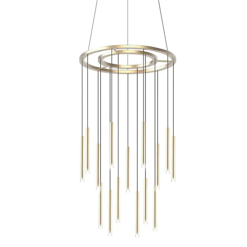 Nordic long line gold pendant lights stairwell lamps villa modern living room dining room circle ring hanging lights de fixtures