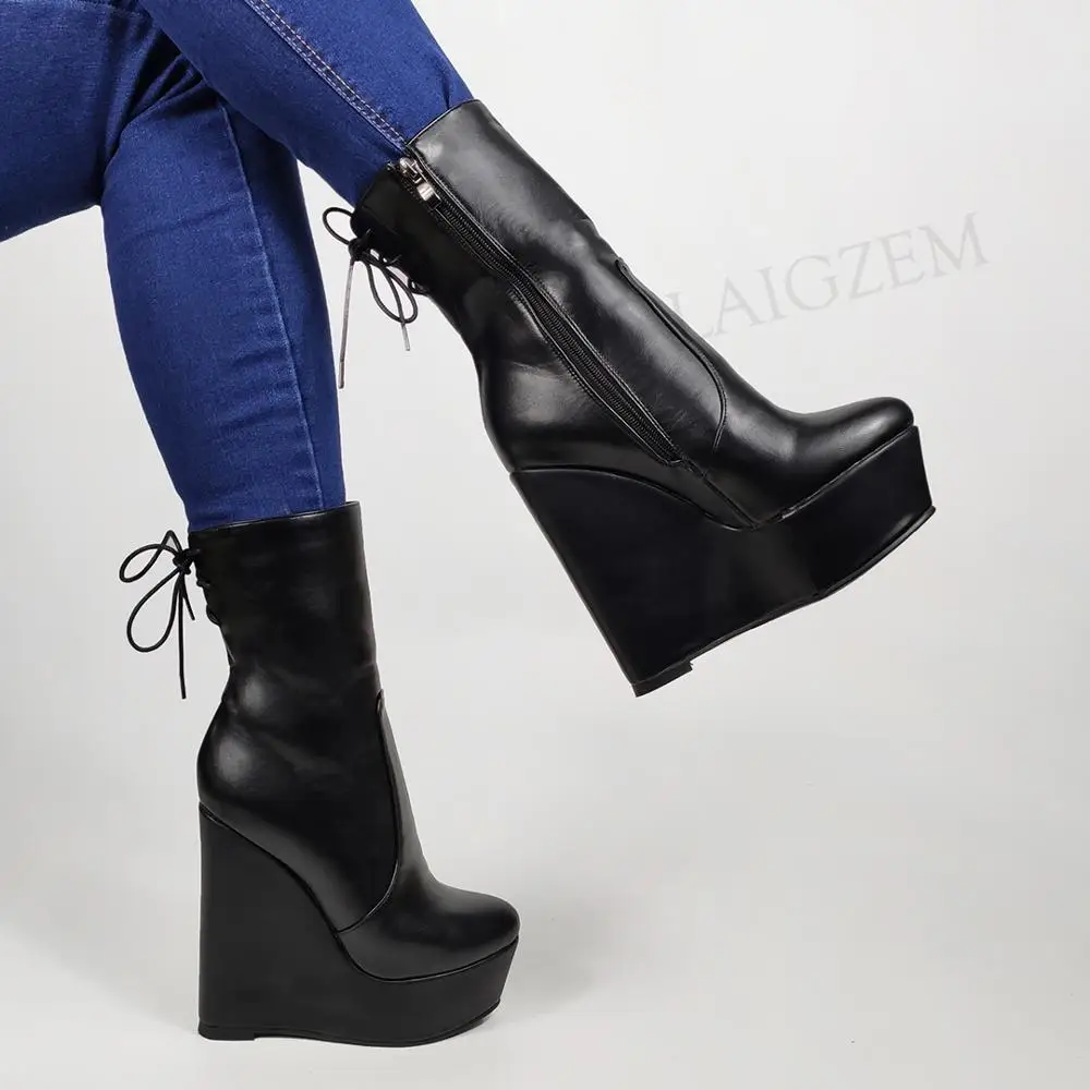 LAIGZEM Women Ankle Boots Platform Wedges Faux Leather Short Boots Zip Up Black Shoes Unisex Party Cospaly Large Size 46 52 52