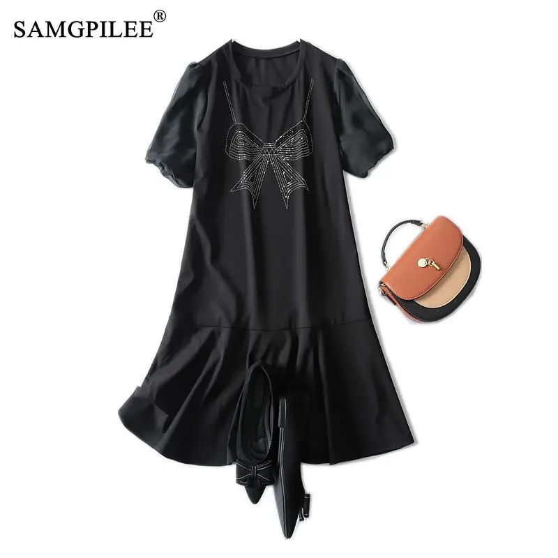 

Summer Hot Rhinestone Retro Women Dress Loose Edition Bowknot Figure Mermaid Knee Length Short Sleeve Woman Dresses