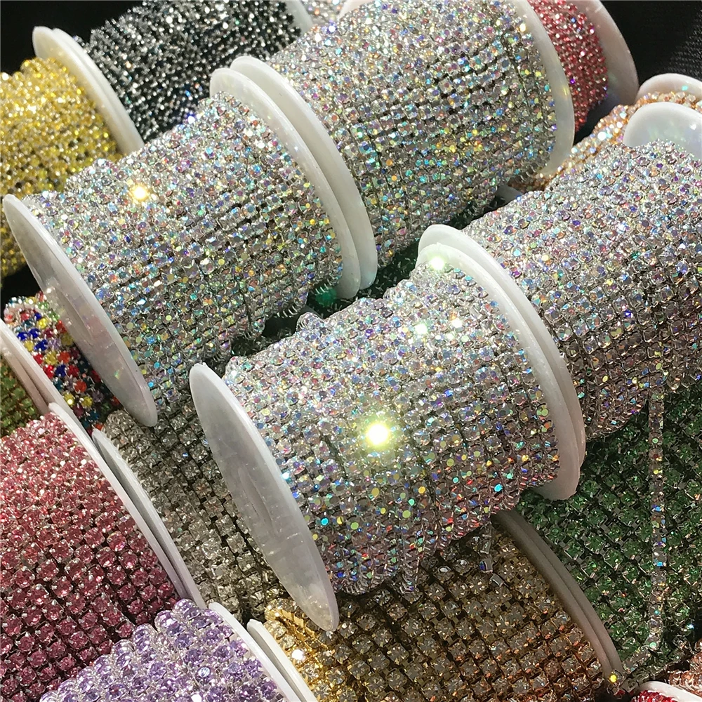 Glass SS8-SS16 2.5mm-4mm Silver/Gold Base Claw Crystal Trim Dense Rhinestone Cup Chain For Shoes Clothes Bags DIY 10 Meters/Roll