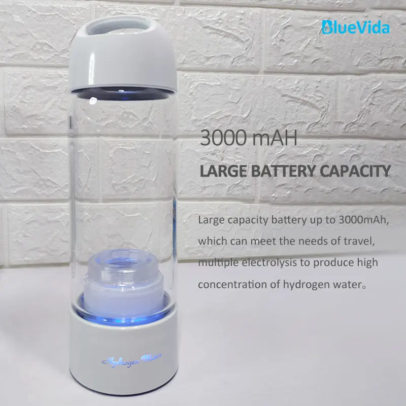 زجاجة مياه هيدروجين زجاجية من بلوفيدا وبطارية كبيرة 3000 مللي أمبير SPE & PEM مولد مياه هيدروجين زجاجي عالي التركيز