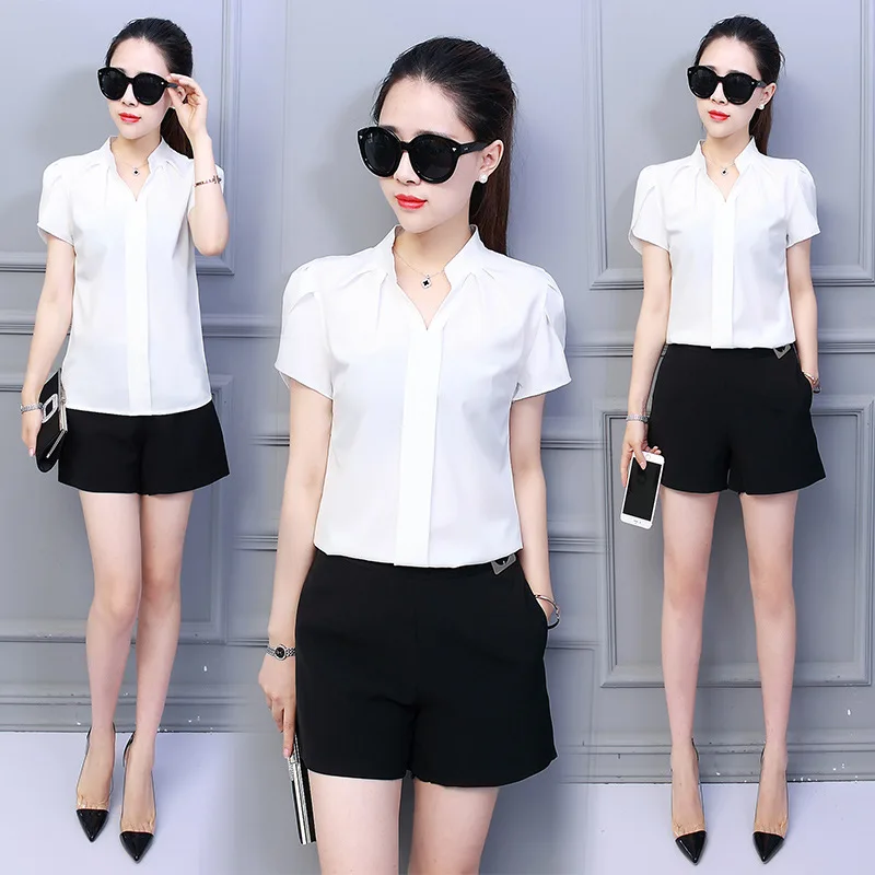 Korean Fashion Womens Tops and Blouses Chiffon Women Blouses Short Sleeve White Shirts XXL Ladies Tops