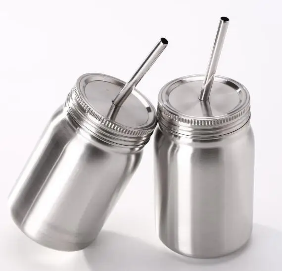 500ml Double Stainless Steel Mason Jar Mason Cup with Lid Straw Coffee Beer Juice Cup