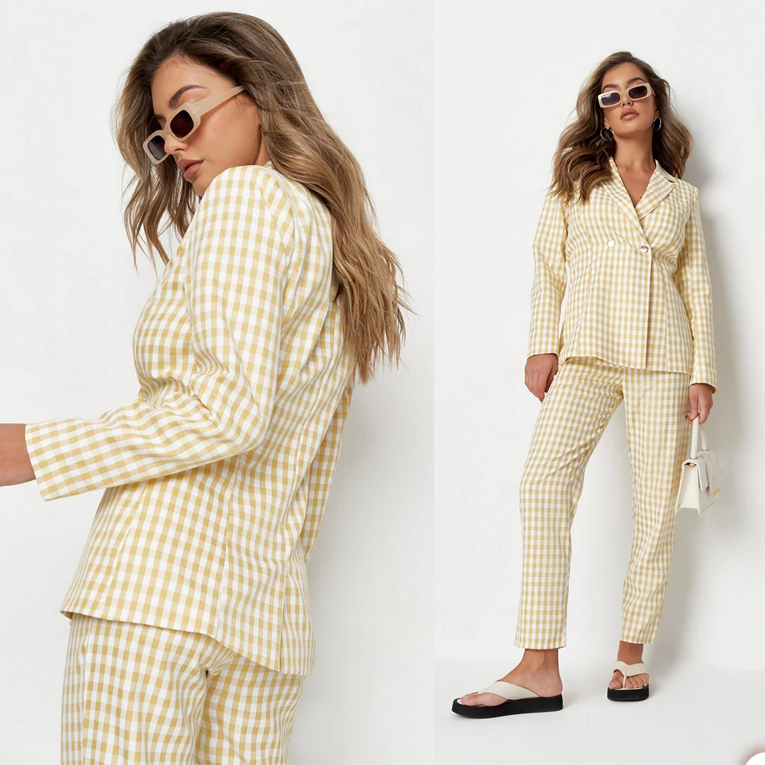 Traje de pantalón a cuadros amarillo claro para mujer, Blazer ajustado a cuadros para fiesta de graduación, ropa de Boda (chaqueta + pantalones) de verano