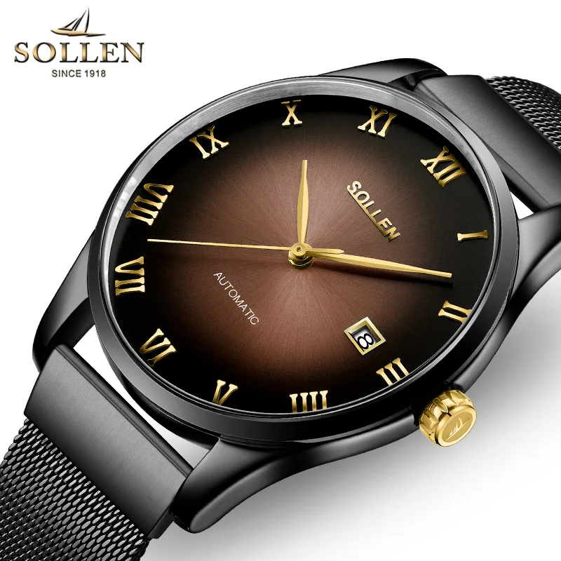 Switzerland Luxury Brand SOLLEN Automatic Mechanical Men's Watches Sapphire Waterproof Mesh Belt Ultra-thin Case Clocks SL9012