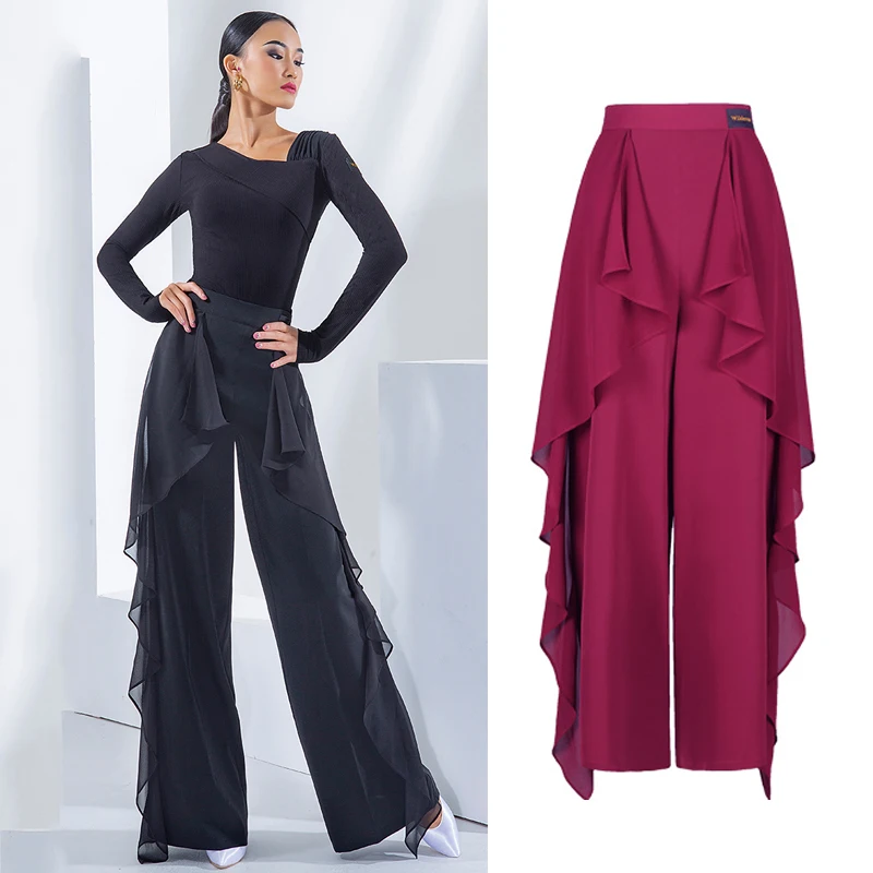 

Ballroom Dance Pants Chiffon Ruffle Wide Leg High Waist Latin Trousers Modern Waltz Tango Dance Practice Clothes Ladies DNV14522