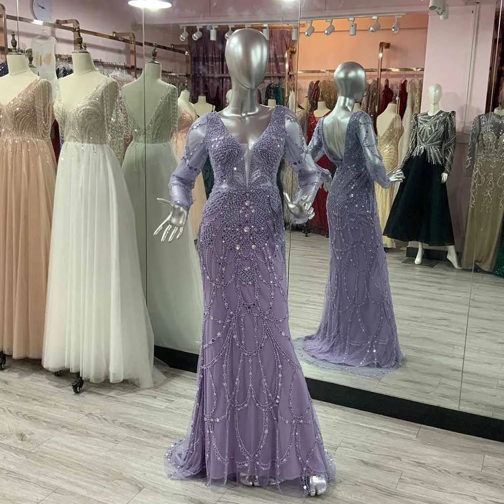 Luxury Lilac Beaded Long Sleeve Evening Dresses Mermaid V Neck Pearls Tulle Formal Red Carpet Gown